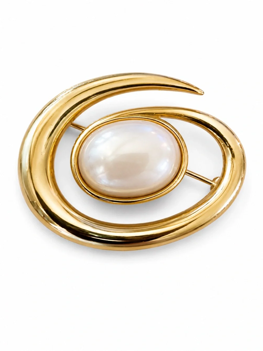 Vintage Monet Gold Tone Faux Pearl Brooch – Modernist Swirl Statement Pin